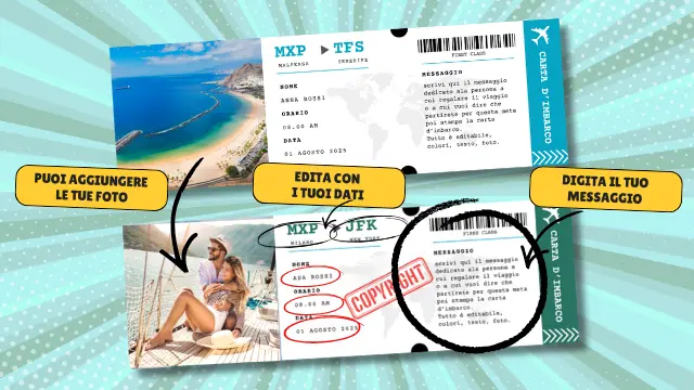Fac simile biglietto aereo regalo da compilare in PDF con Canva