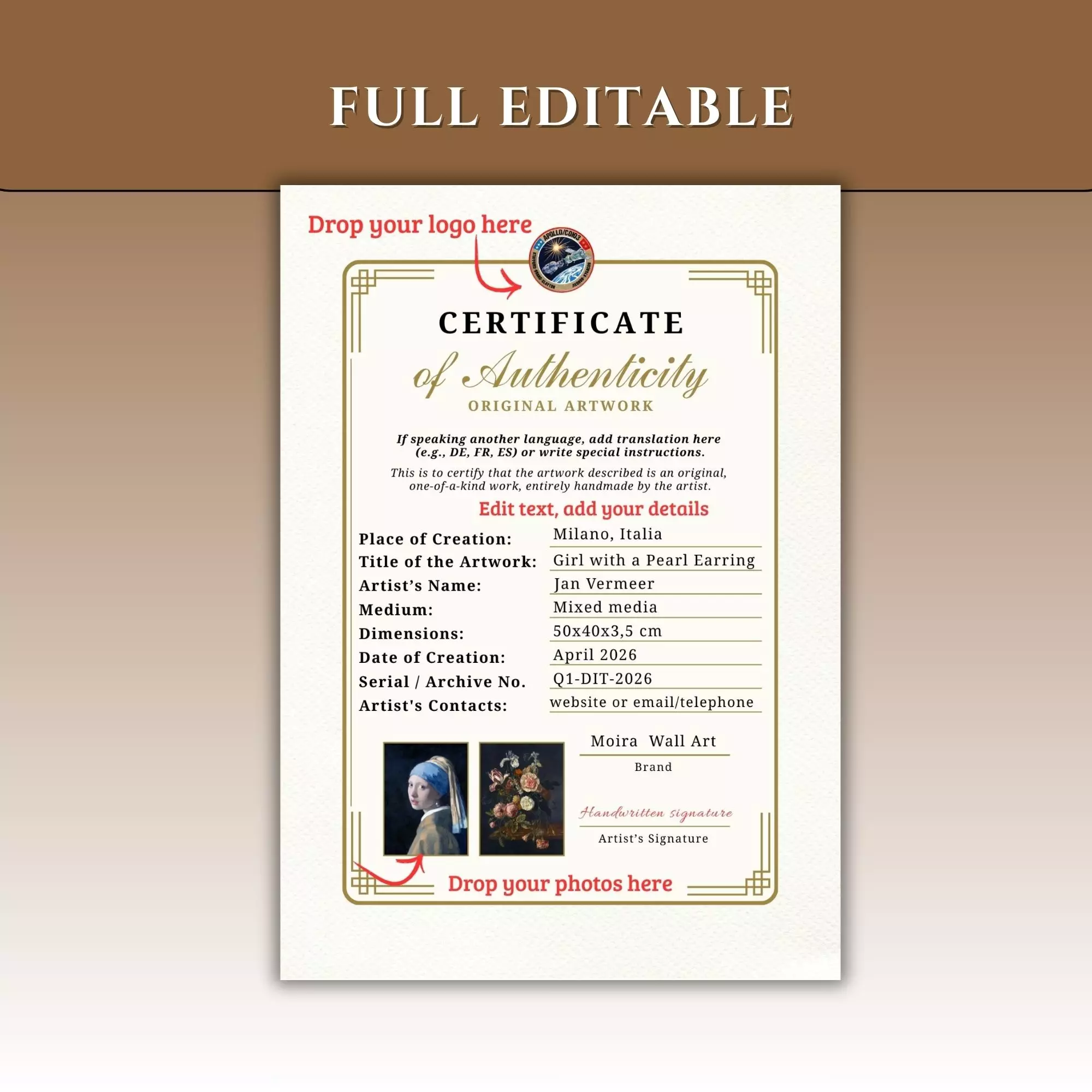 Certificate of Authenticity for Artwork to customize